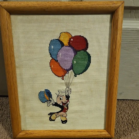 Vintage Cross-Stitch Jiminy Cricket Framed Art - Picture 1 of 3